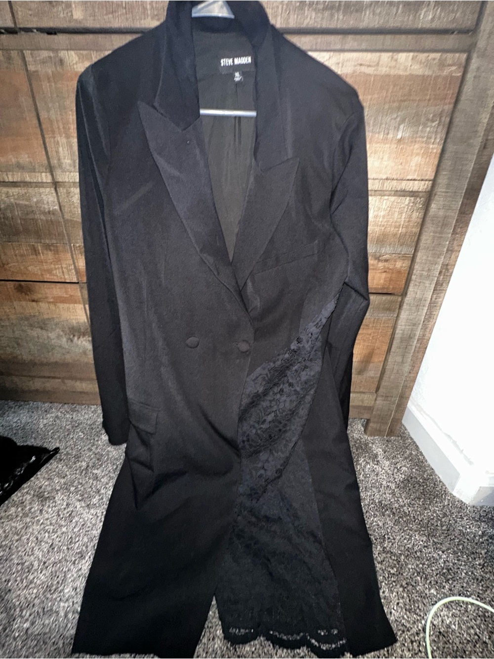 Steve Madden Black Lace-Panel Long Blazer Coat